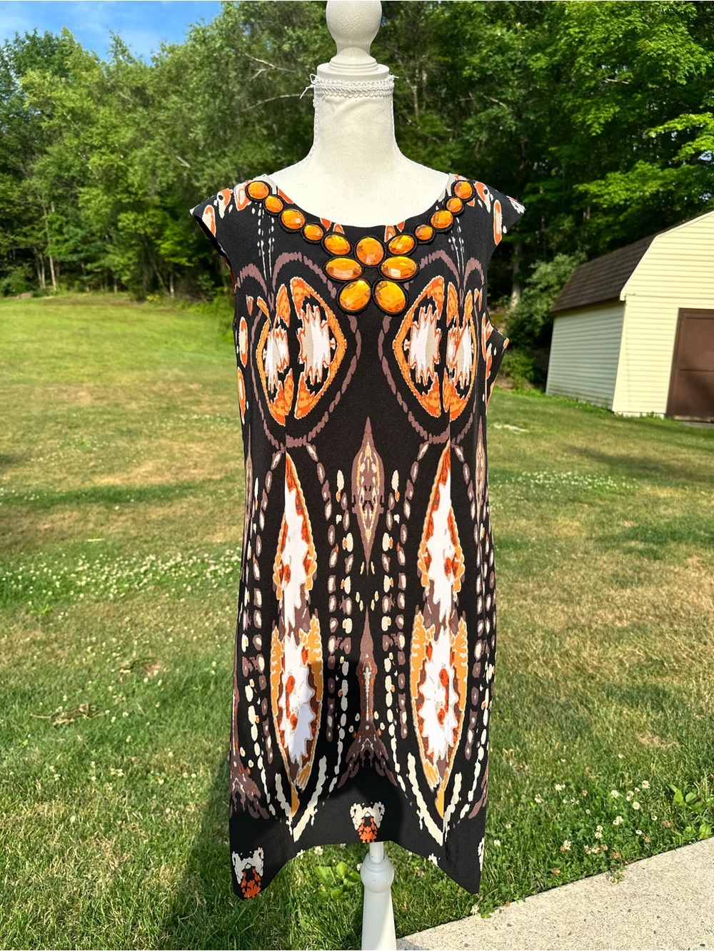 Voir Voir Black Midi Dress with Bold Orange and Cream Print